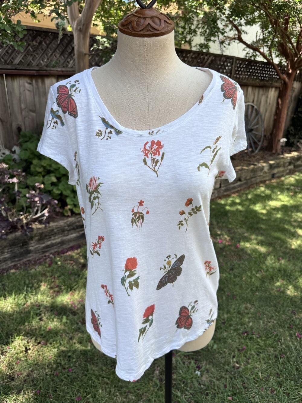 JOAN VASS Floral Butterfly Print Short Sleeve T-Shirt White M Cotton Modal